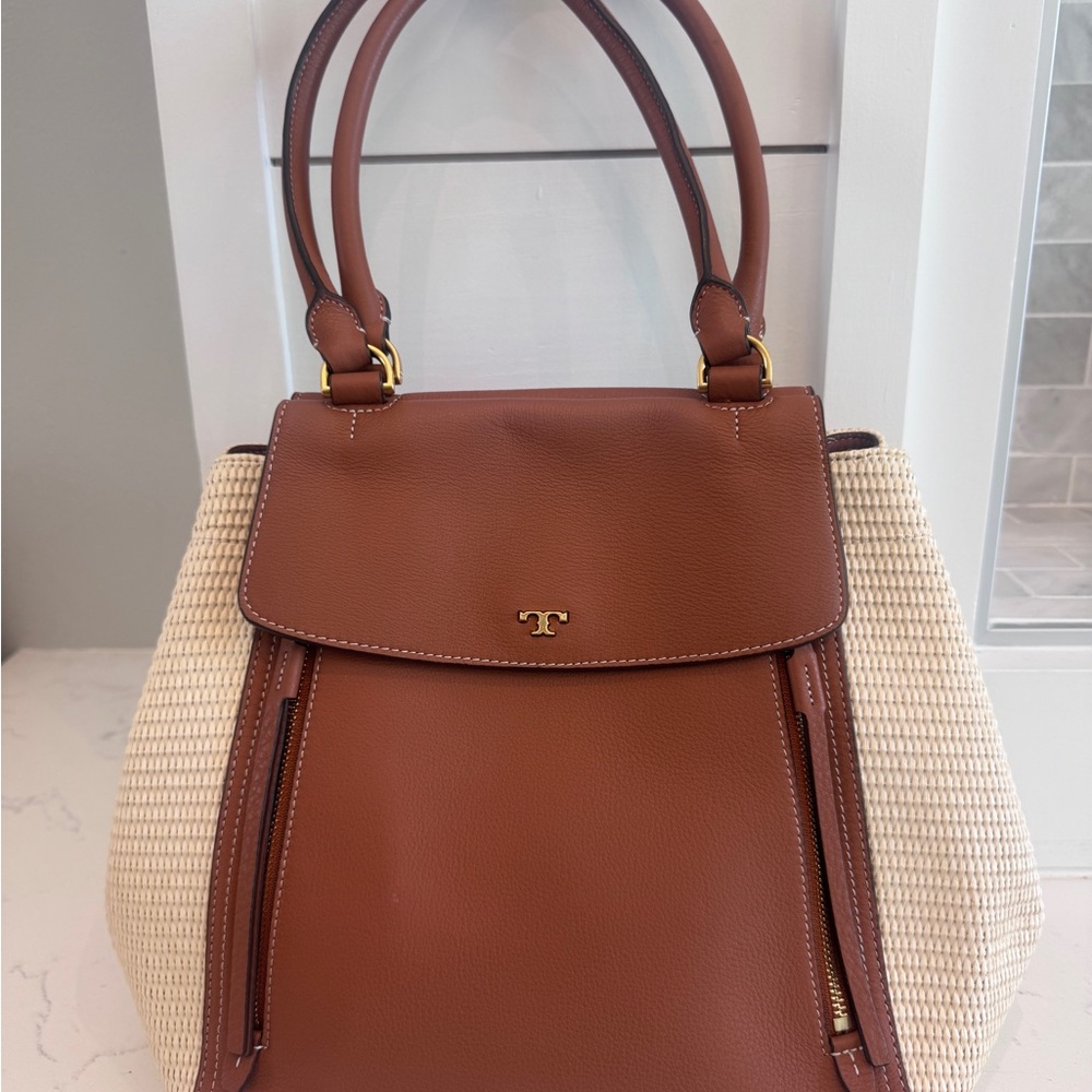 Tory Burch Tan Leather & Raffia Shoulder Bag